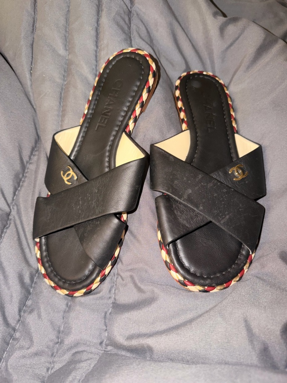 CHANEL Black Leather Crossband Slide Sandals with Braided Trim